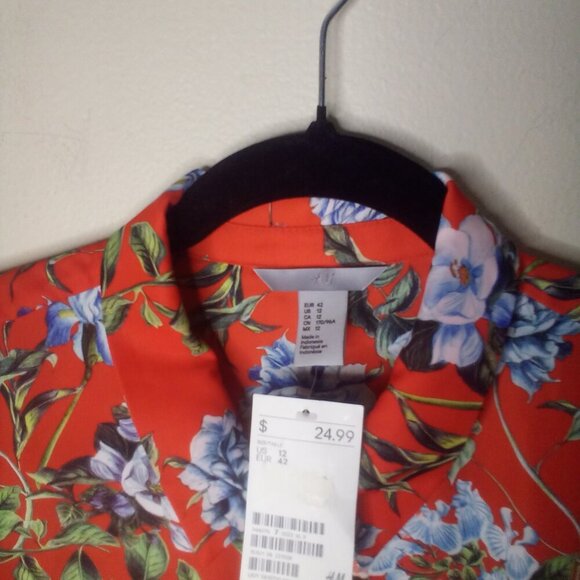 H & M Shirt Women 12 Button Front Long Sleeve Floral Red Blue Green - Picture 10 of 14